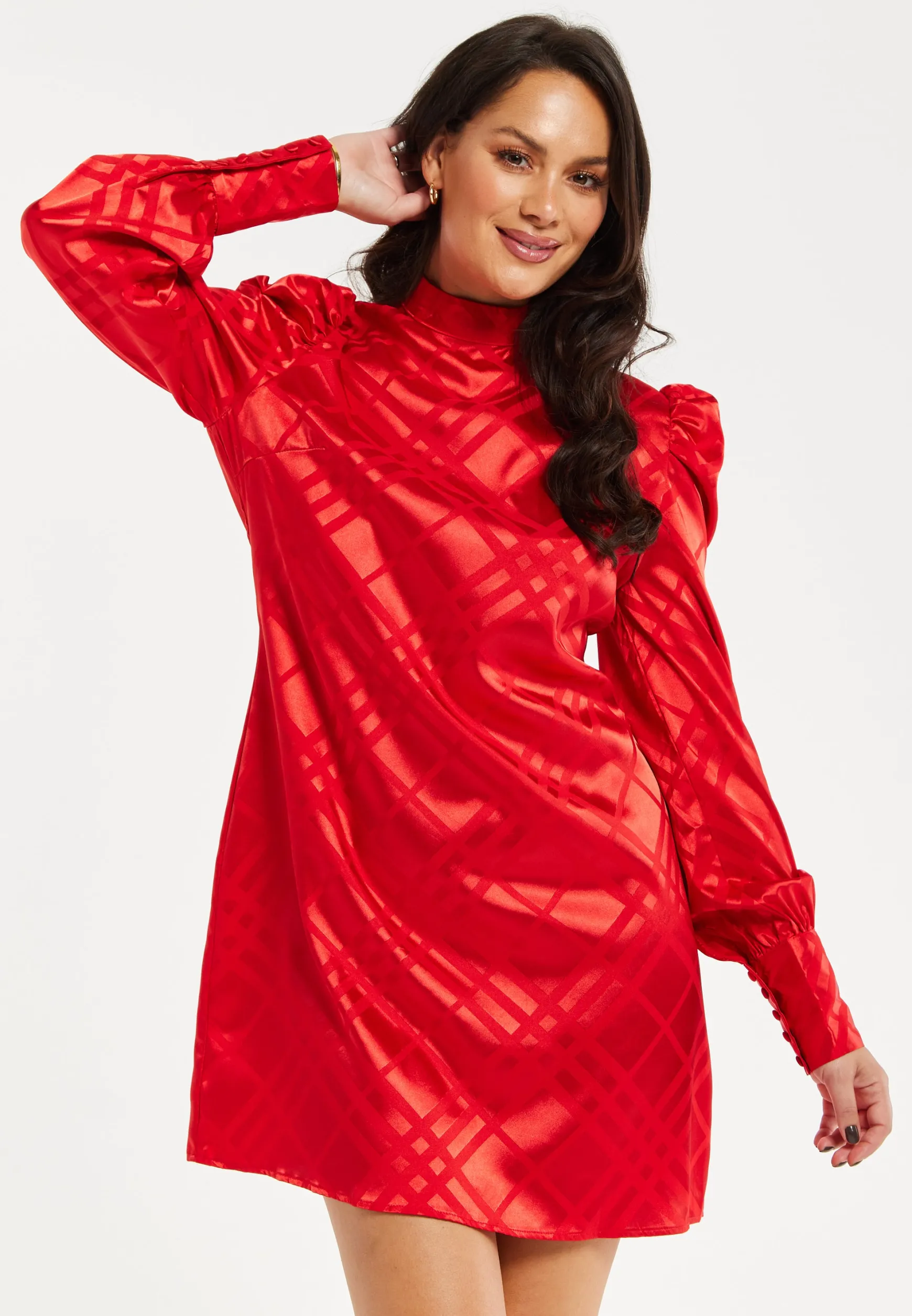 Women's Mini Dress in Red with High Neck, Puff Sleeves, and Check Jacquard Design - Liquorish