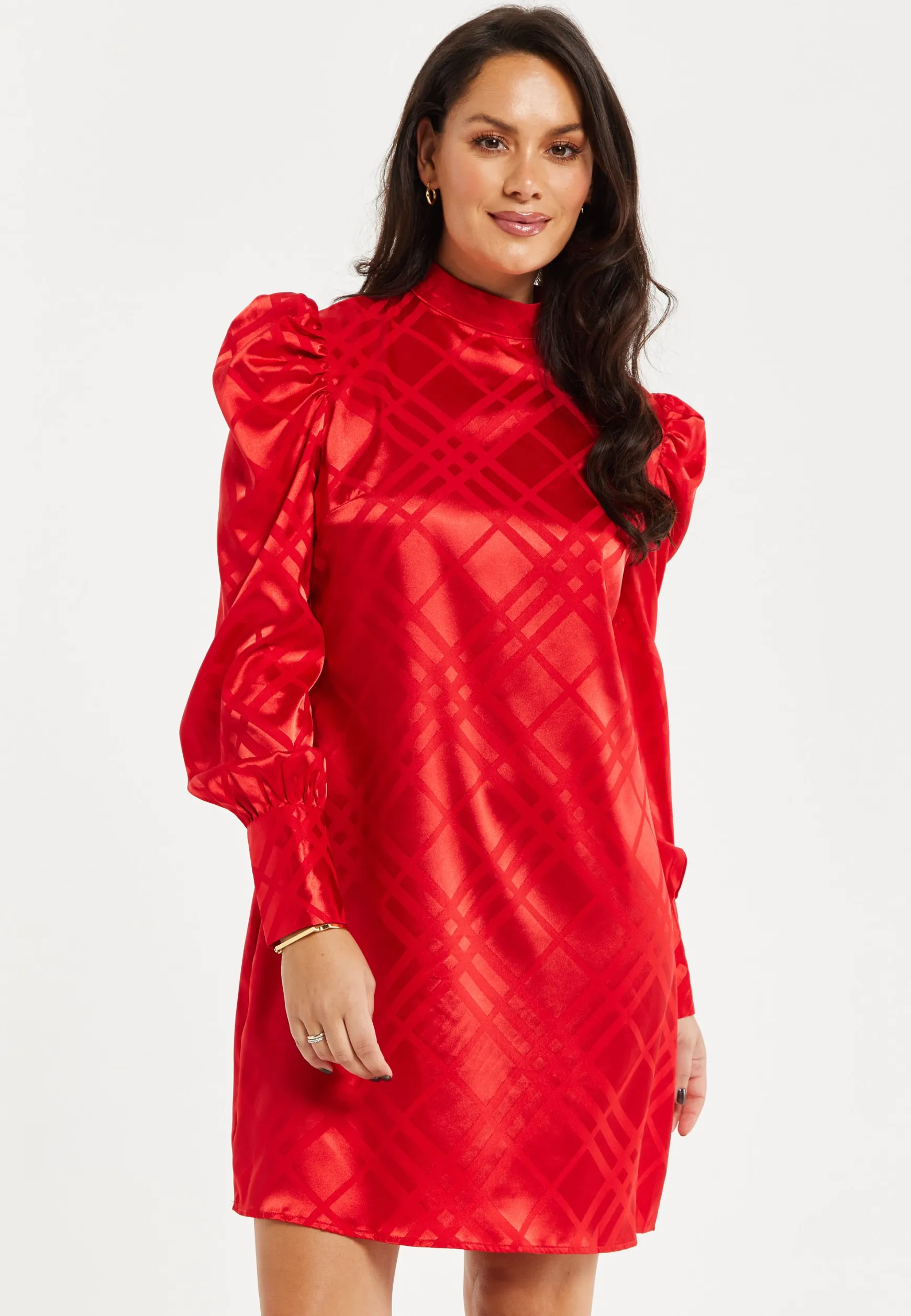 Women's Mini Dress in Red with High Neck, Puff Sleeves, and Check Jacquard Design - Liquorish