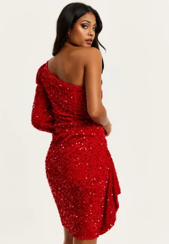 Women's Mini Dress in Red Sequin Velvet with One Shoulder Design and Short Sleeve Detail - Liquorish