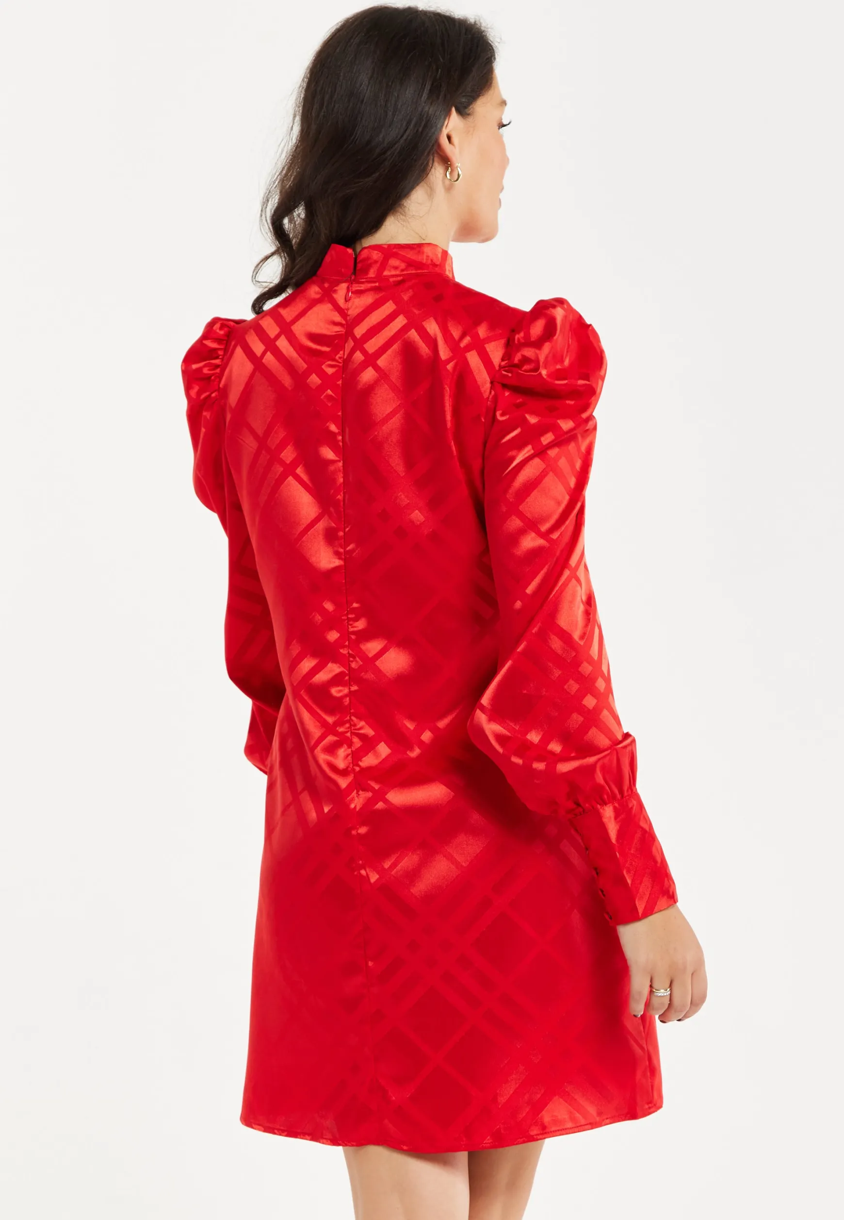 Women's Mini Dress in Red with High Neck, Puff Sleeves, and Check Jacquard Design - Liquorish