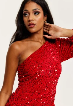 Women's Mini Dress in Red Sequin Velvet with One Shoulder Design and Short Sleeve Detail - Liquorish