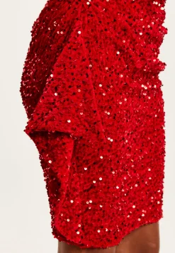 Women's Mini Dress in Red Sequin Velvet with One Shoulder Design and Short Sleeve Detail - Liquorish