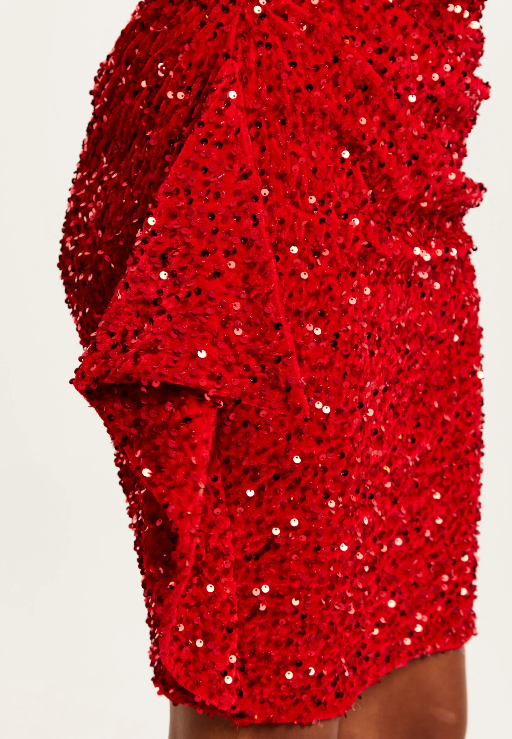 Women's Mini Dress in Red Sequin Velvet with One Shoulder Design and Short Sleeve Detail - Liquorish