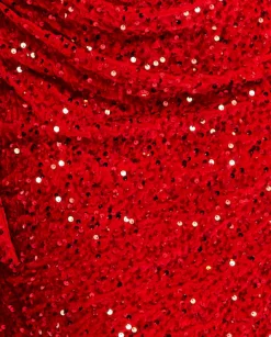 Women's Mini Dress in Red Sequin Velvet with One Shoulder Design and Short Sleeve Detail - Liquorish