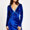 Women's Mini Dress in Royal Blue Velvet with Long Sleeves and Lace Details - Liquorish