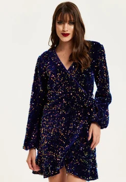 Women's Mini Dress in Royal Blue Velvet with Long Sleeves & Multicolour Sequin Wrap Style - Liquorish