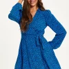 Women's Mini Dress in Royal Blue with Long Sleeves and Heart Print Wrap Design by Liquorish