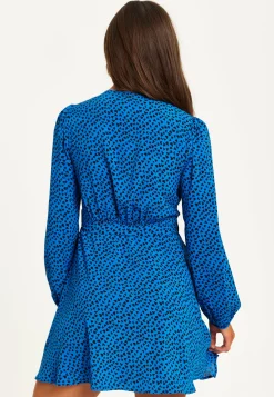 Women's Mini Dress in Royal Blue with Long Sleeves and Heart Print Wrap Design by Liquorish