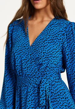Women's Mini Dress in Royal Blue with Long Sleeves and Heart Print Wrap Design by Liquorish