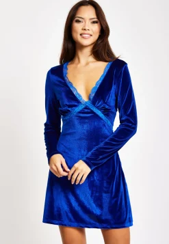 Women's Mini Dress in Royal Blue Velvet with Long Sleeves and Lace Details - Liquorish