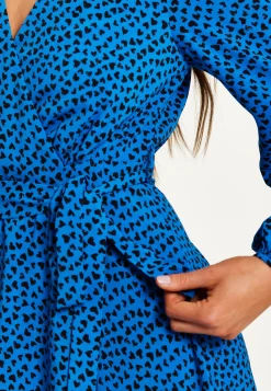 Women's Mini Dress in Royal Blue with Long Sleeves and Heart Print Wrap Design by Liquorish