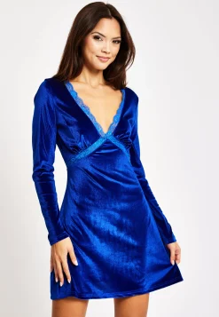 Women's Mini Dress in Royal Blue Velvet with Long Sleeves and Lace Details - Liquorish