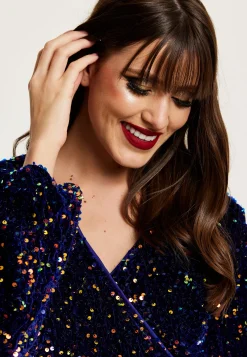 Women's Mini Dress in Royal Blue Velvet with Long Sleeves & Multicolour Sequin Wrap Style - Liquorish