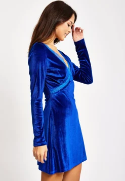 Women's Mini Dress in Royal Blue Velvet with Long Sleeves and Lace Details - Liquorish