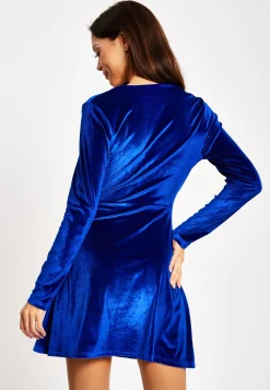 Women's Mini Dress in Royal Blue Velvet with Long Sleeves and Lace Details - Liquorish