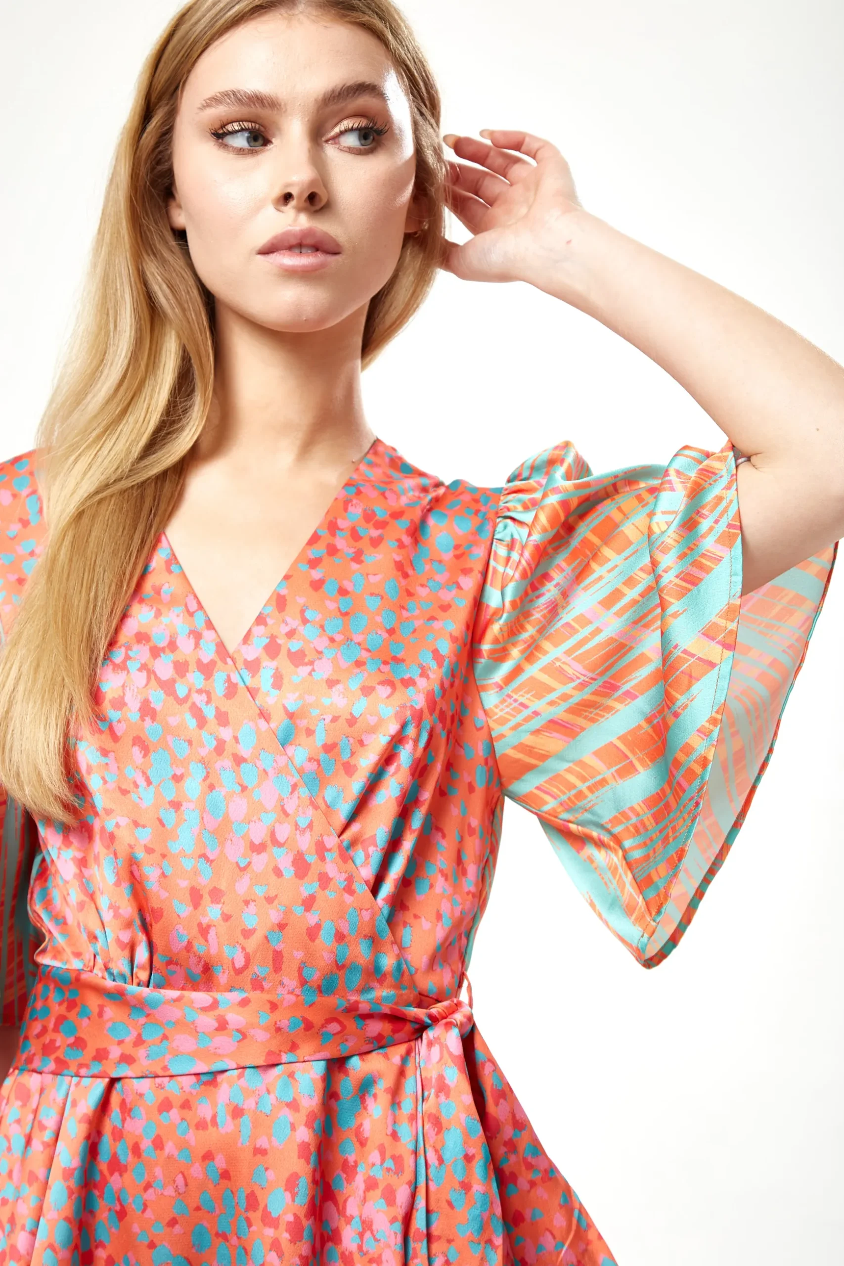 Women's Mini Dress in Vibrant Orange with Kimono Sleeves and Wrap Style - Liquorish