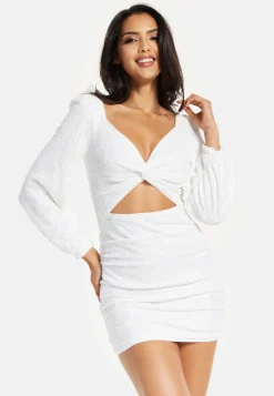 Women's Mini Dress in White with Puff Long Sleeves and Cut Outs - Elegant Sequin Design by Liquorish