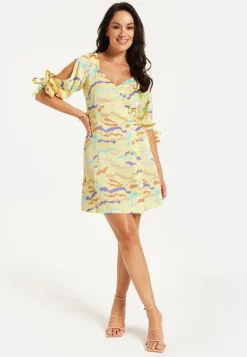 Women's Mini Dress in Yellow with Sleeve Tie-Ups and Back Tie-Up Detail - Abstract Zebra Print by Liquorish