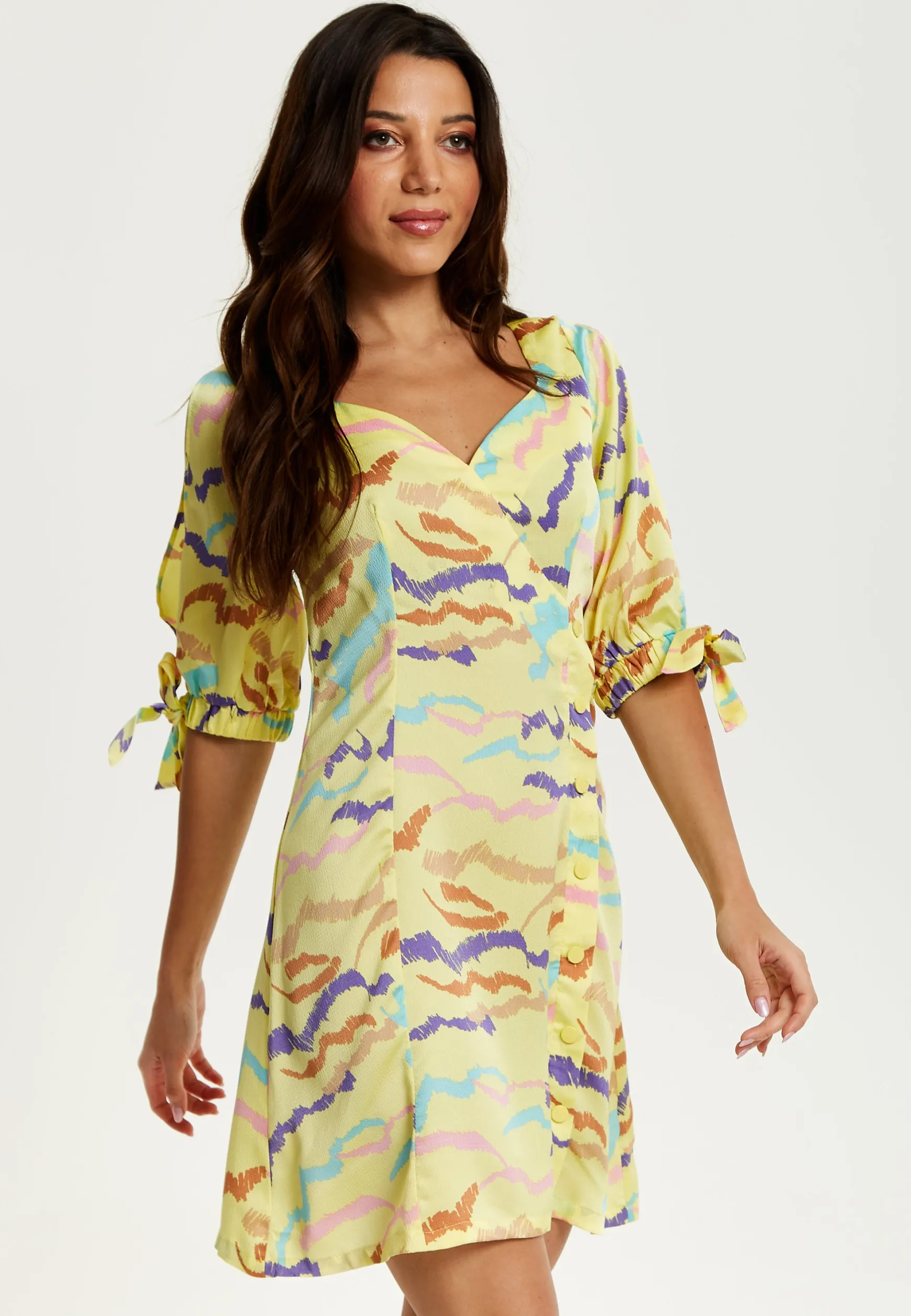 Women's Mini Dress in Yellow with Sleeve Tie-Ups and Back Tie-Up Detail - Abstract Zebra Print by Liquorish
