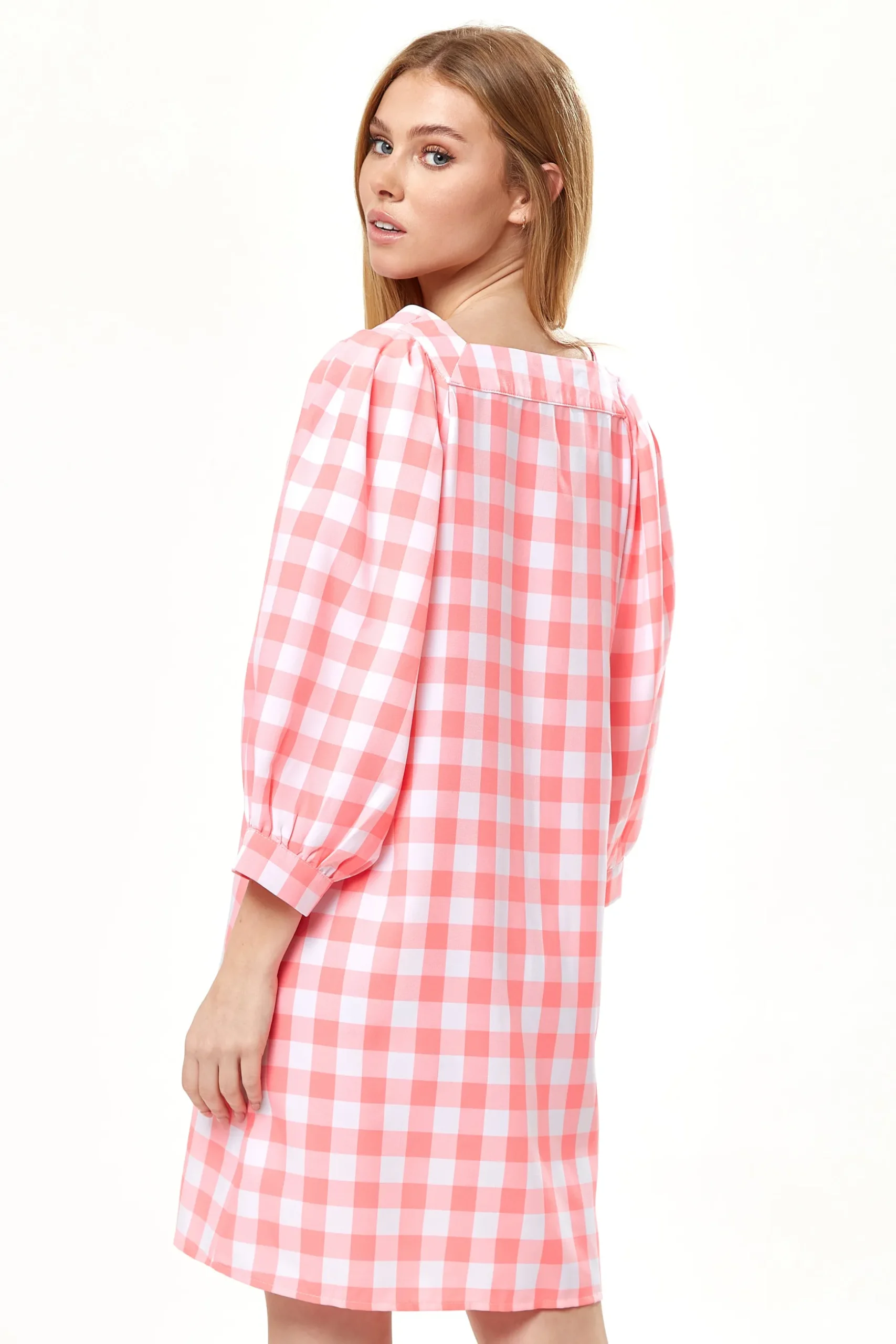 Women's Mini Dress, Pink Gingham with Puff Sleeves, Button-Up Front, Oversized Fit, Flirty Length