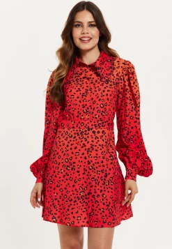 Women's Mini Dress, Scalloped Collar, Leopard Print with Ombre Detail, Long Balloon Sleeves, Side Zip, Regular Fit