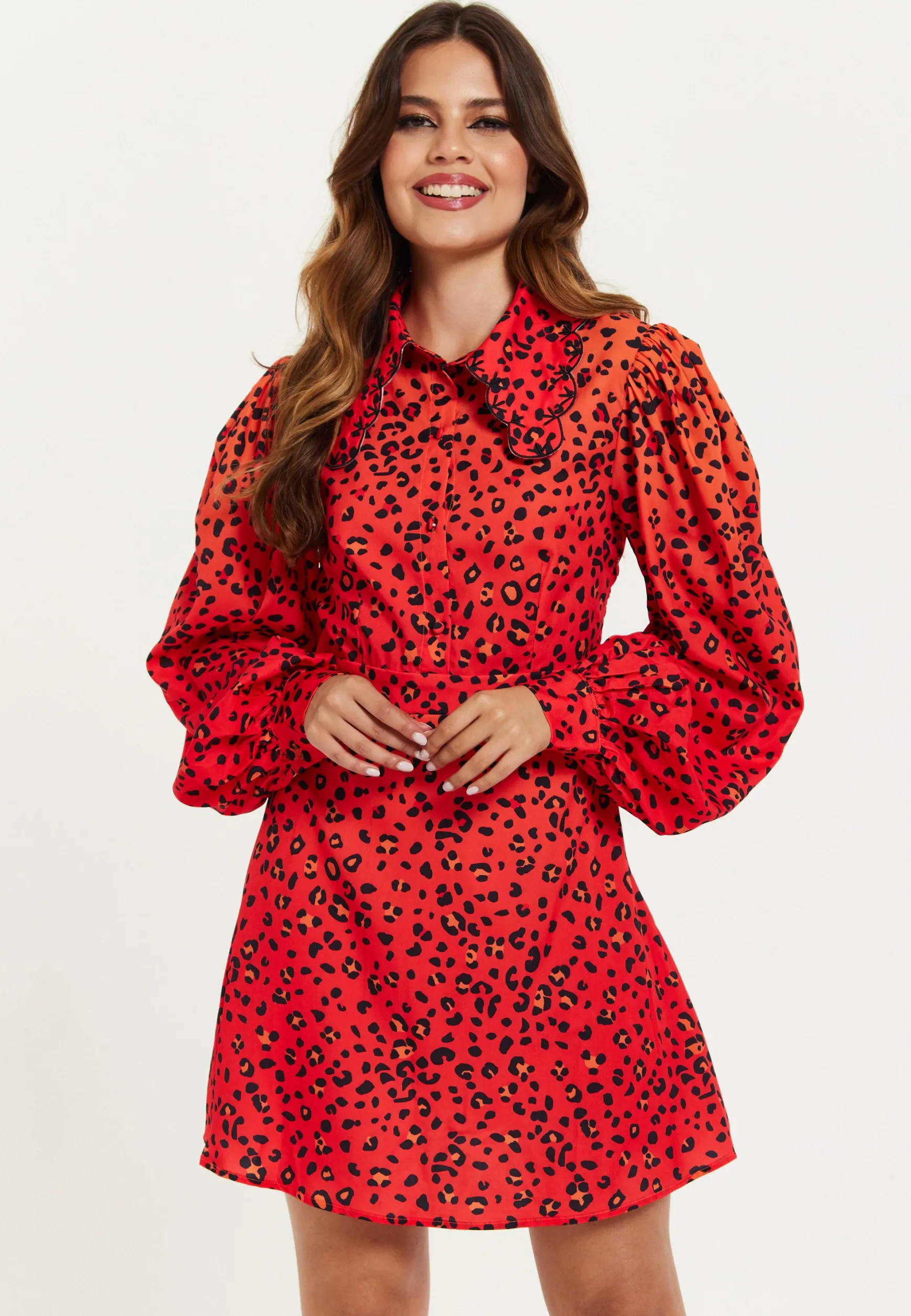 Women's Mini Dress, Scalloped Collar, Leopard Print with Ombre Detail, Long Balloon Sleeves, Side Zip, Regular Fit