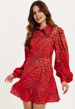 Women's Mini Dress, Scalloped Collar, Leopard Print with Ombre Detail, Long Balloon Sleeves, Side Zip, Regular Fit