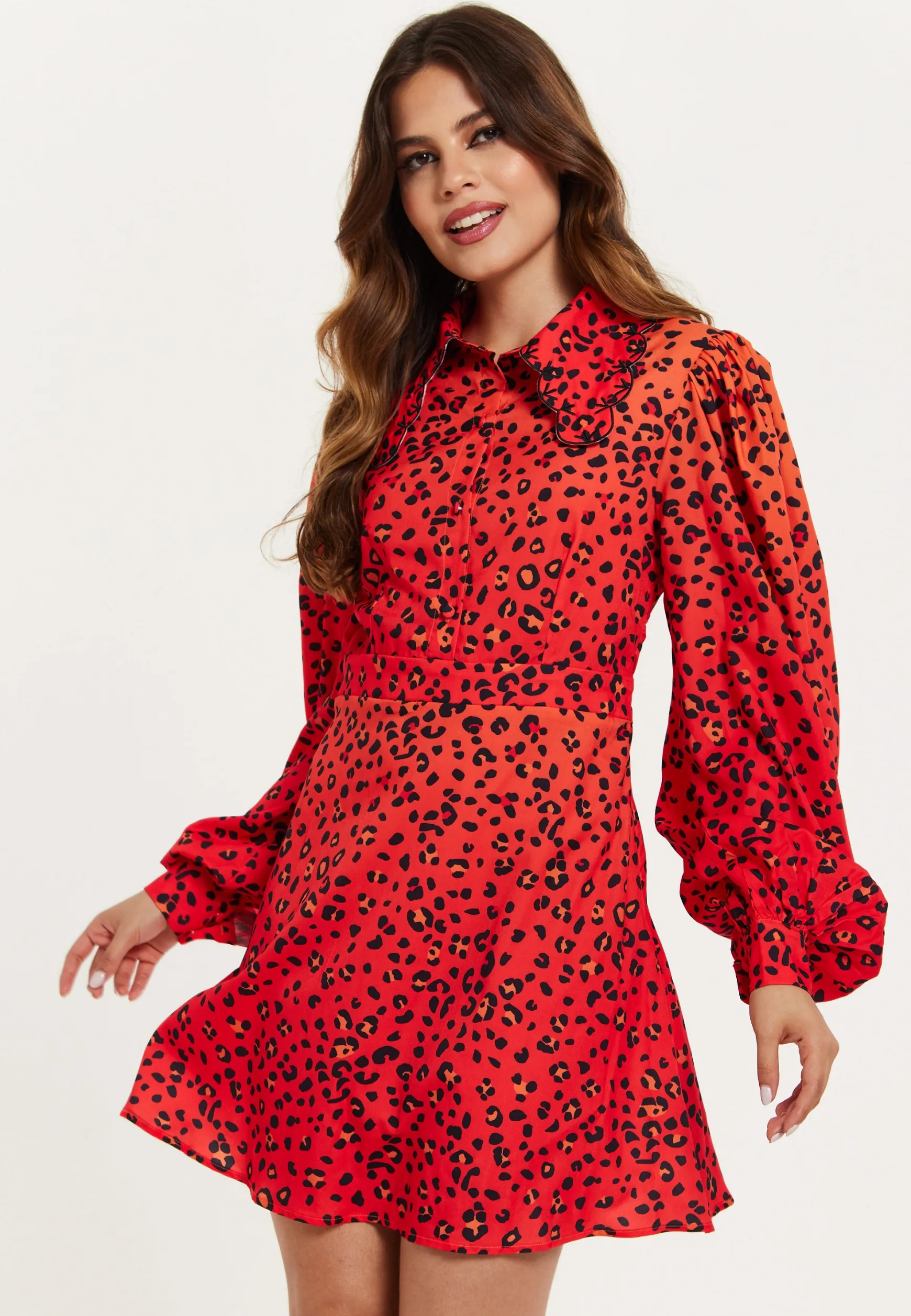 Women's Mini Dress, Scalloped Collar, Leopard Print with Ombre Detail, Long Balloon Sleeves, Side Zip, Regular Fit