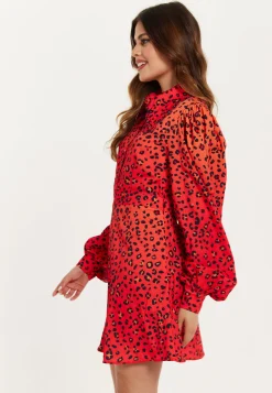 Women's Mini Dress, Scalloped Collar, Leopard Print with Ombre Detail, Long Balloon Sleeves, Side Zip, Regular Fit