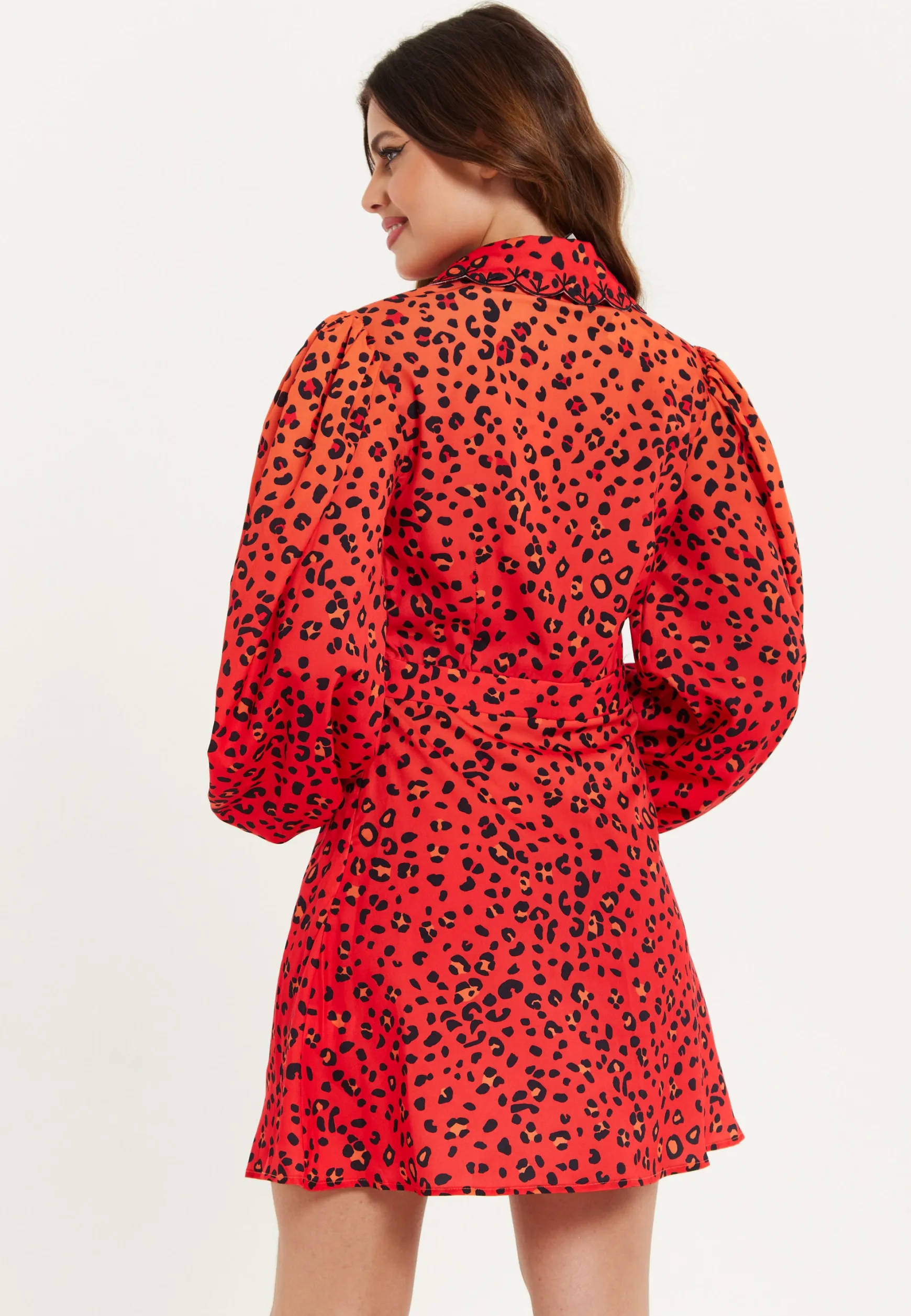 Women's Mini Dress, Scalloped Collar, Leopard Print with Ombre Detail, Long Balloon Sleeves, Side Zip, Regular Fit