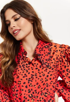 Women's Mini Dress, Scalloped Collar, Leopard Print with Ombre Detail, Long Balloon Sleeves, Side Zip, Regular Fit