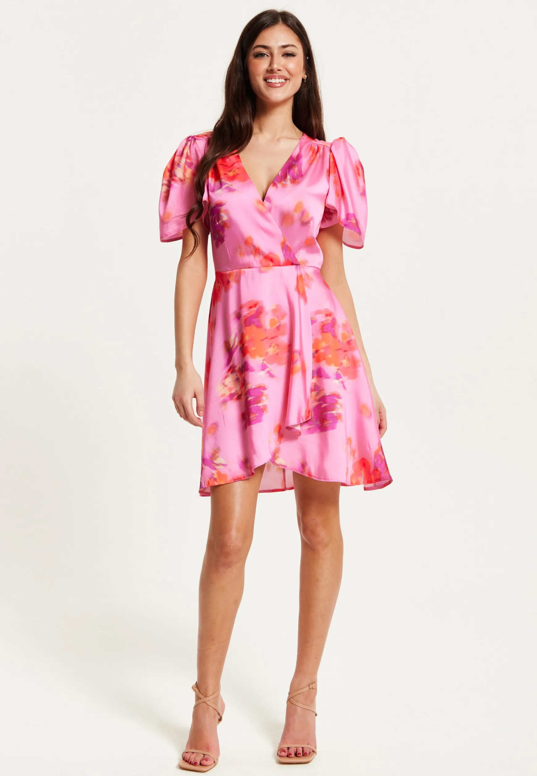Women's Mini Dress with Angel Sleeves and Floral Print in Pink - Perfectly Chic by Liquorish