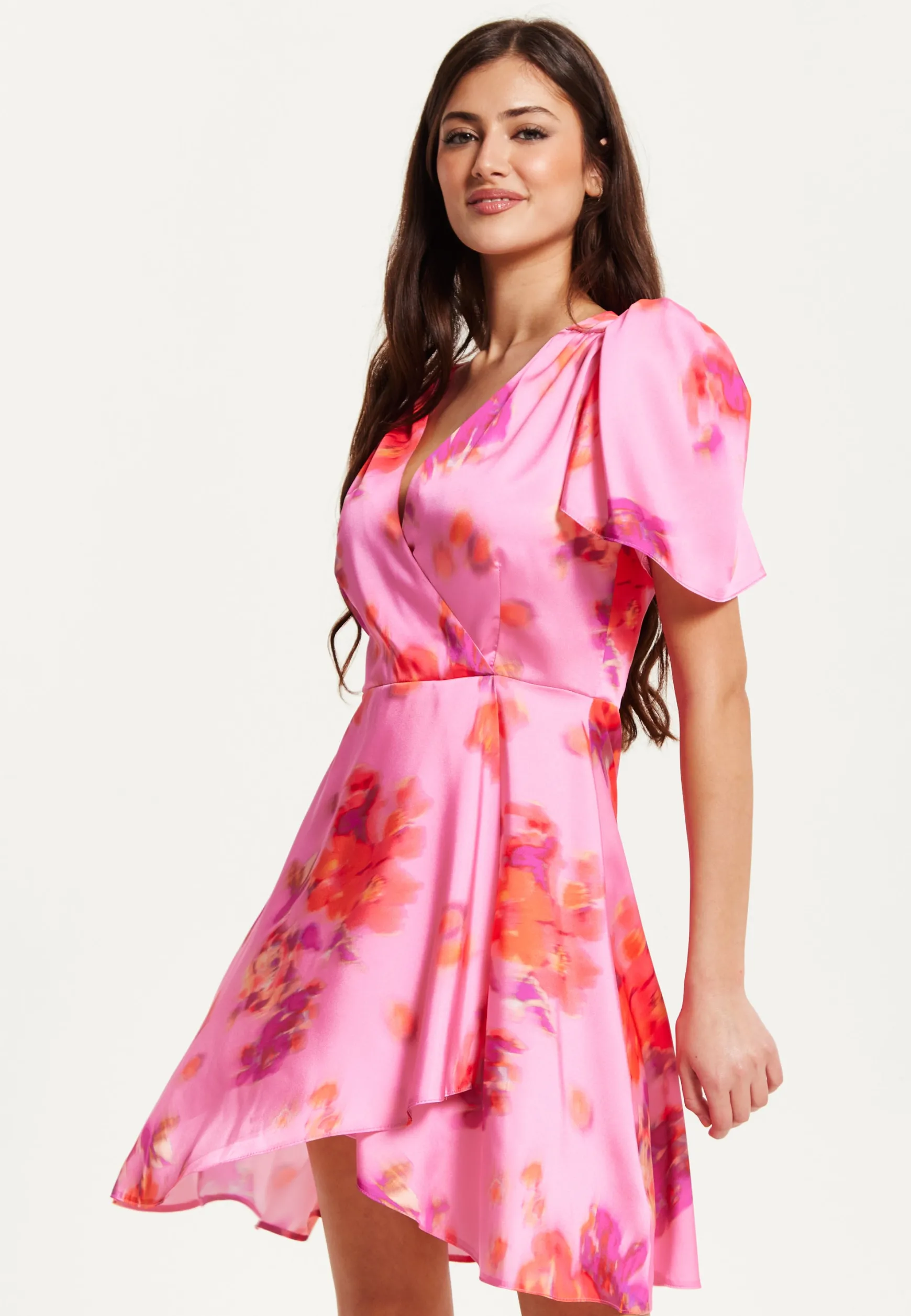 Women's Mini Dress with Angel Sleeves and Floral Print in Pink - Perfectly Chic by Liquorish