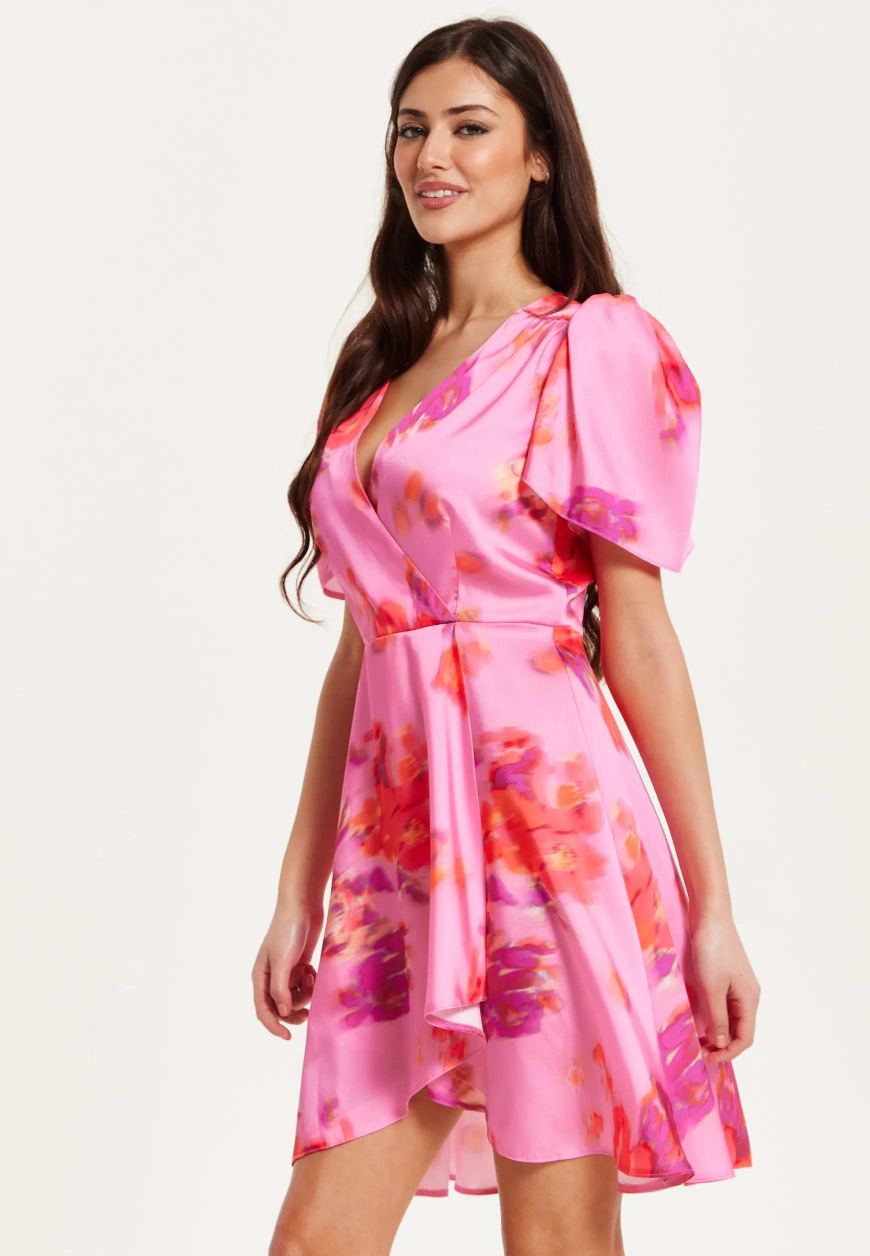 Women's Mini Dress with Angel Sleeves and Floral Print in Pink - Perfectly Chic by Liquorish