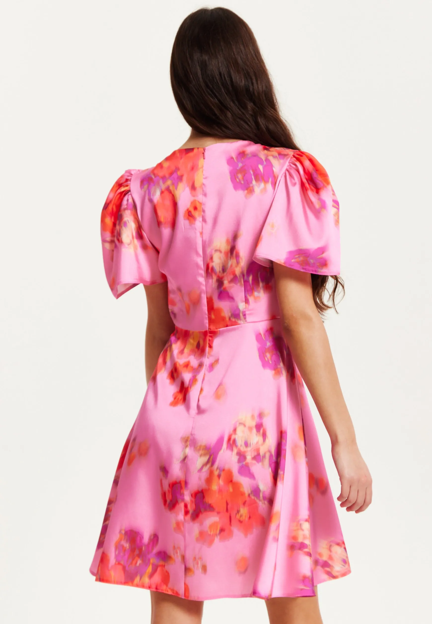 Women's Mini Dress with Angel Sleeves and Floral Print in Pink - Perfectly Chic by Liquorish