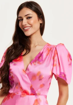 Women's Mini Dress with Angel Sleeves and Floral Print in Pink - Perfectly Chic by Liquorish