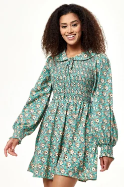Women’s Mini Dress with Balloon Sleeves in Green featuring Peter Pan Collar - Liquorish