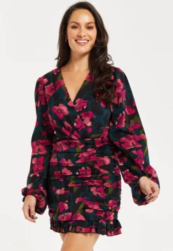 Women's Mini Dress with Balloon Sleeves, Floral Print and Front Ruching in Charming Pastel Colors - Liquorish