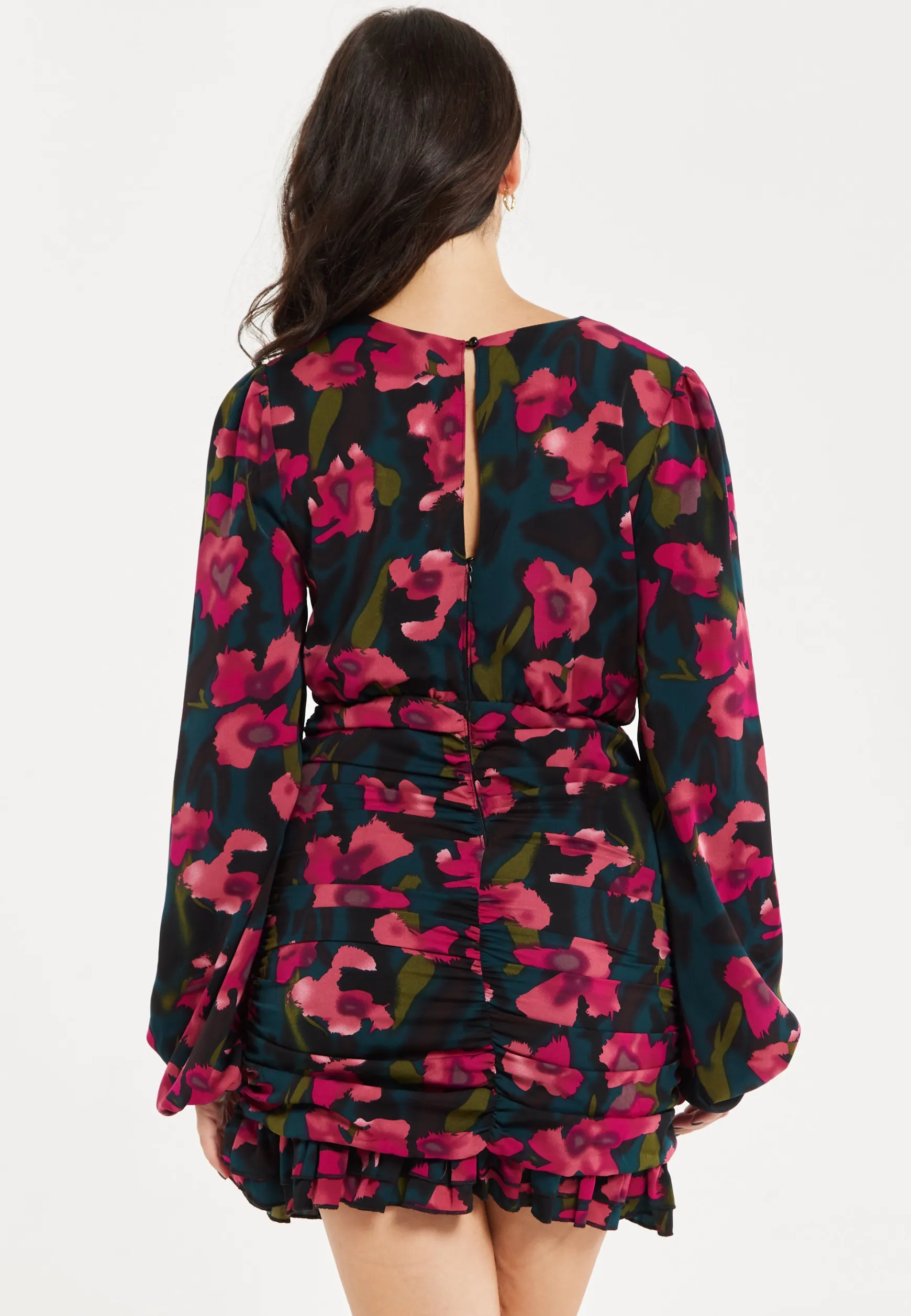 Women's Mini Dress with Balloon Sleeves, Floral Print and Front Ruching in Charming Pastel Colors - Liquorish