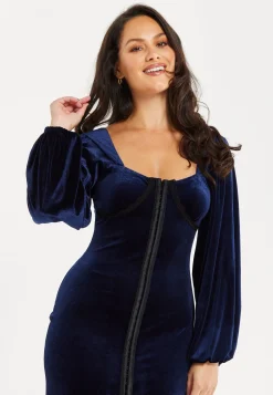 Women's Mini Dress with Corset Detail, Balloon Sleeves, Square Neck, and Velvet in Navy - Regular Fit by Liquorish