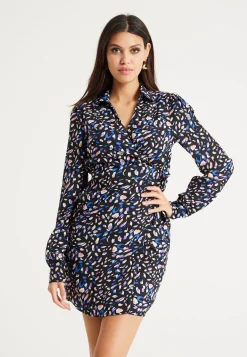 Women's Mini Dress with Flared Sleeves in Black & Multicolour, Stylish Tie-Side Detail, High-Quality Fabric - Liquorish