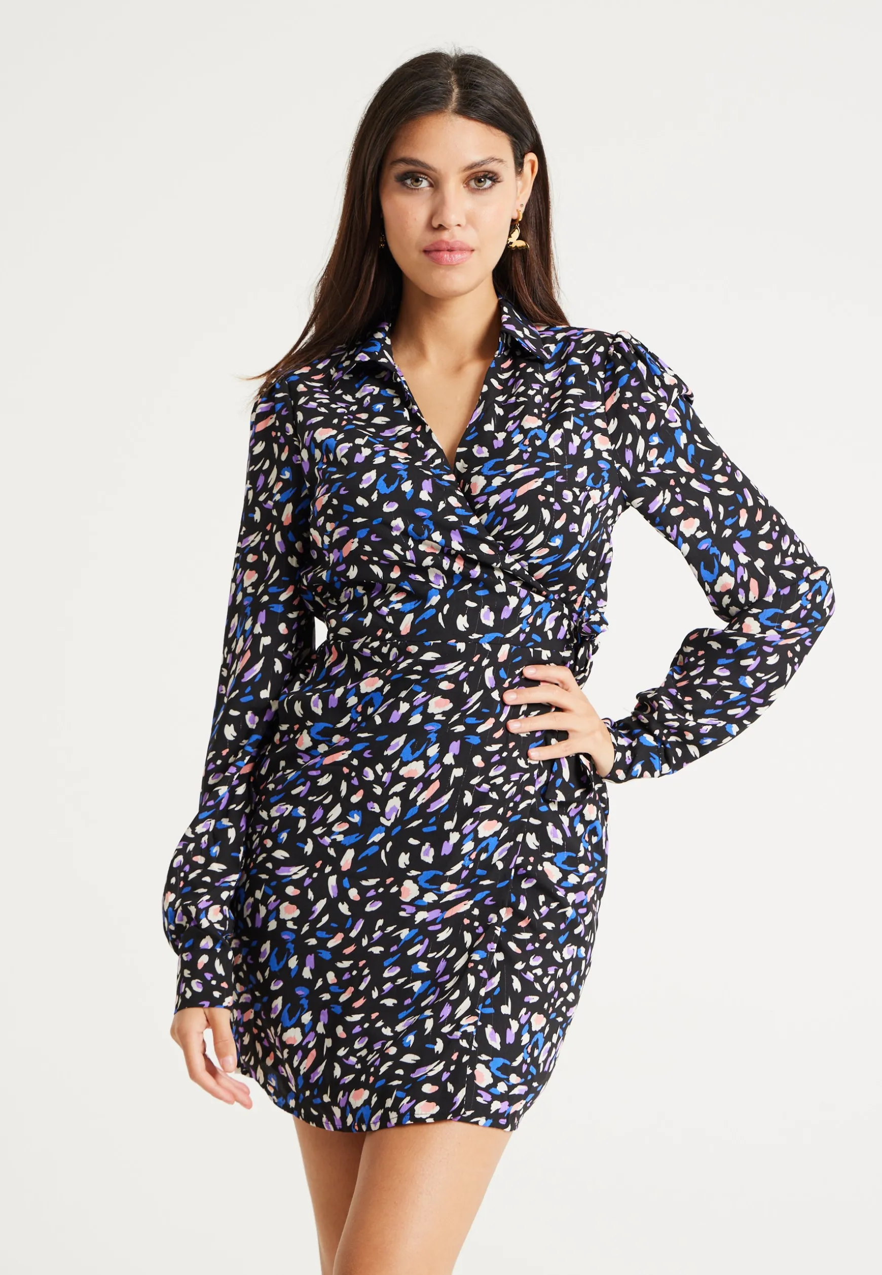 Women's Mini Dress with Flared Sleeves in Black & Multicolour, Stylish Tie-Side Detail, High-Quality Fabric - Liquorish