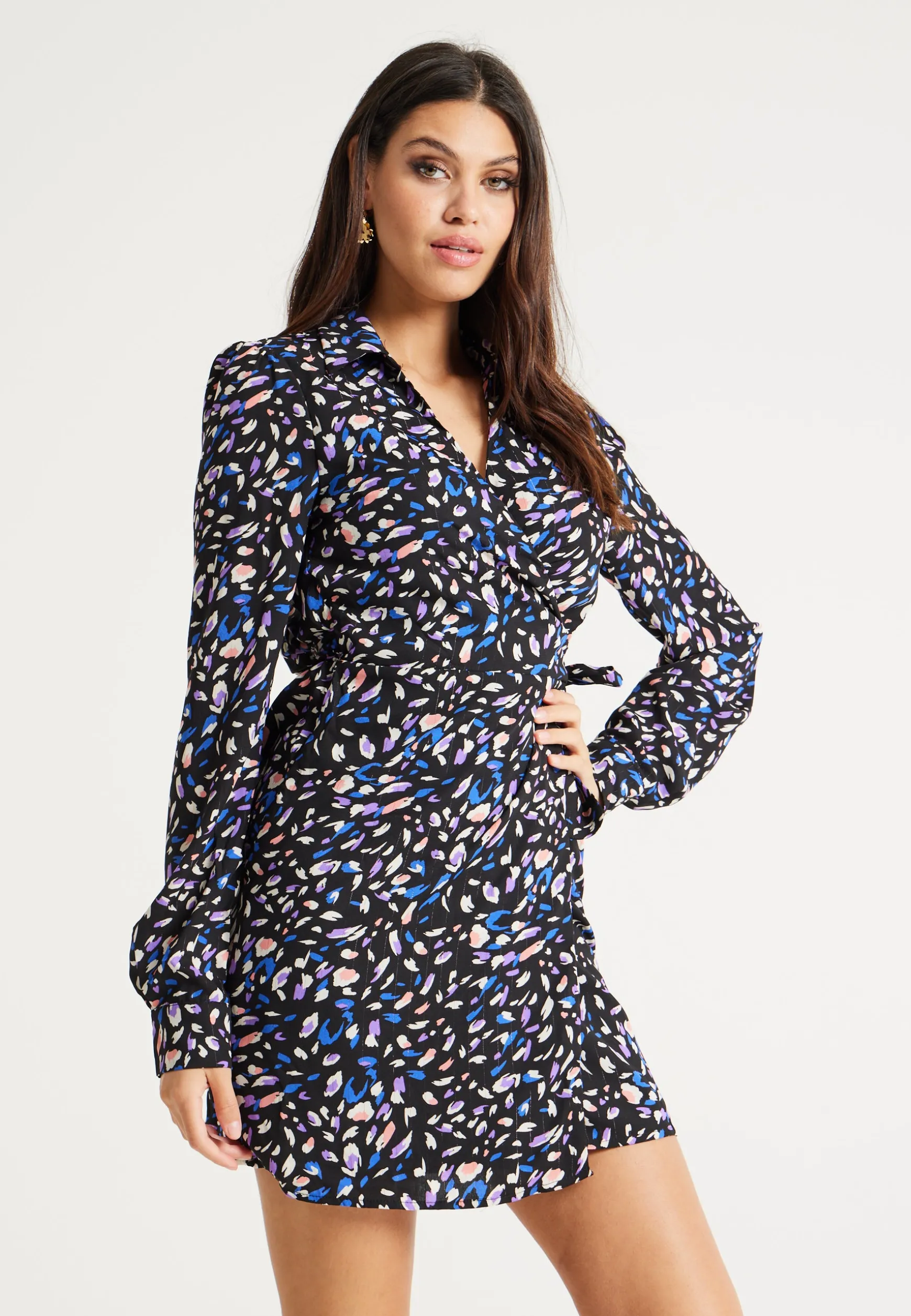 Women's Mini Dress with Flared Sleeves in Black & Multicolour, Stylish Tie-Side Detail, High-Quality Fabric - Liquorish