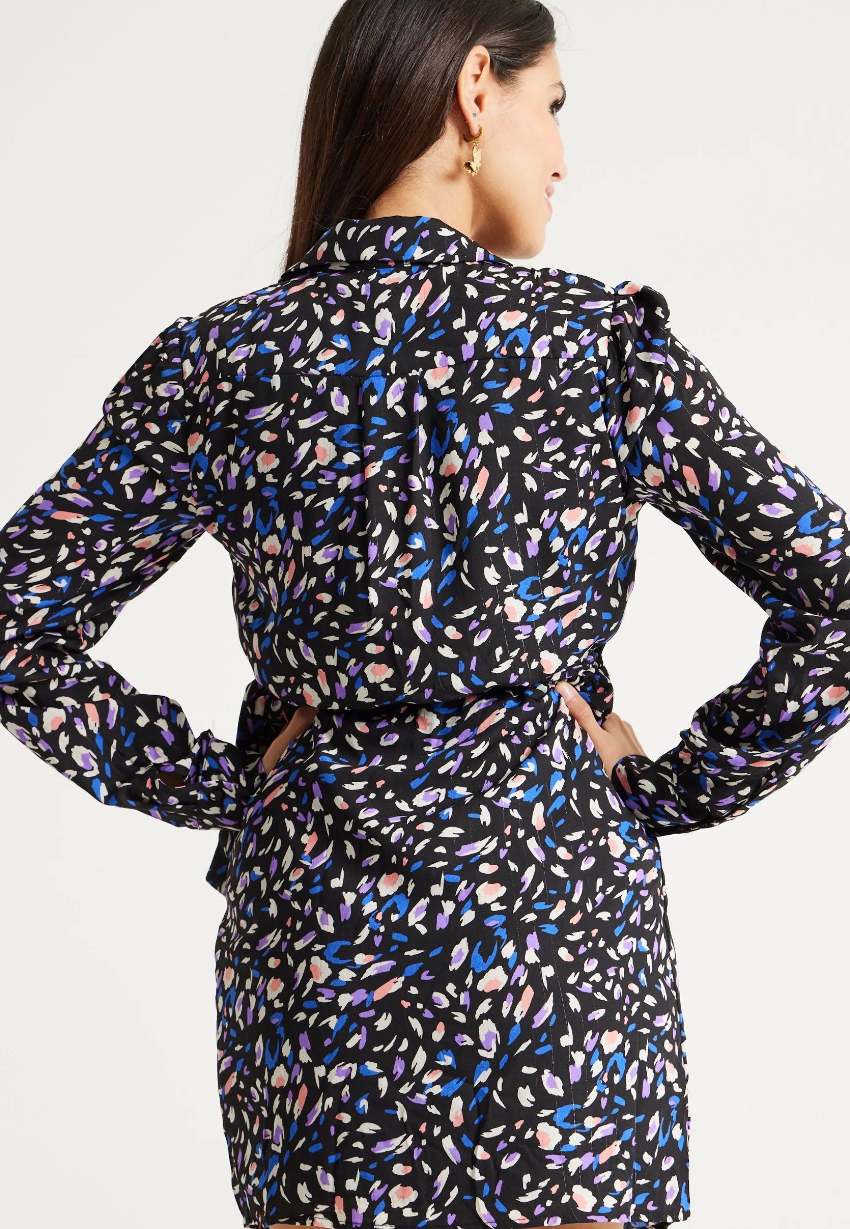 Women's Mini Dress with Flared Sleeves in Black & Multicolour, Stylish Tie-Side Detail, High-Quality Fabric - Liquorish