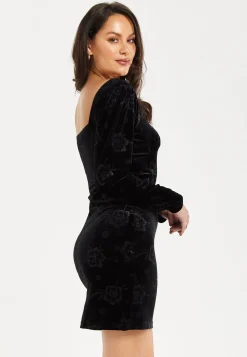Women's Mini Dress with Floral Print, Long Sleeves, Black Velvet Corset Detail – Liquorish