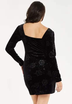 Women's Mini Dress with Floral Print, Long Sleeves, Black Velvet Corset Detail – Liquorish