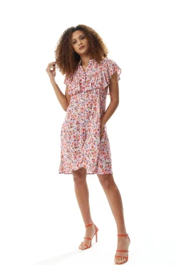Women's Mini Dress with Frill Details and Short Sleeves in Purple Floral Print - Liquorish