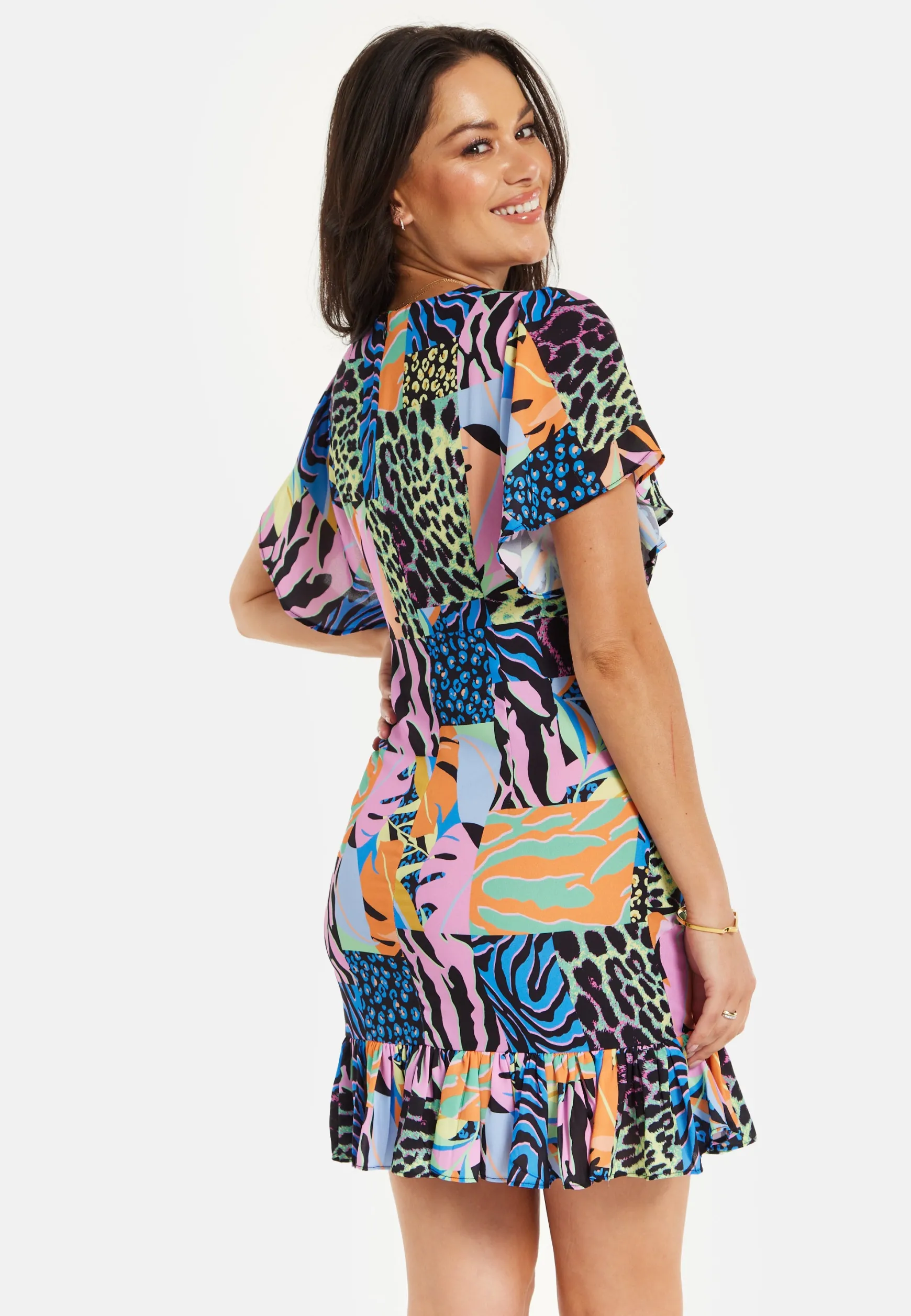 Women's Mini Dress with Frilled Hem, Ruched Detail, Short Sleeves in Multicolour - Liquorish