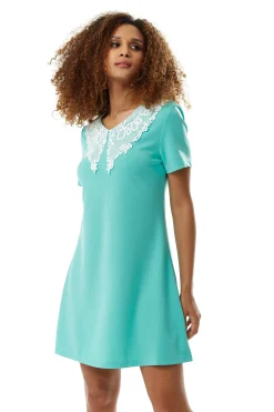 Women's Mini Dress with Lace Collar, Mint Green, Regular Fit, Comfortable Stretch Fabric, Elegant Style - Liquorish