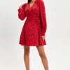 Women's Mini Dress with Long Sleeves in Red - Heart Print Wrap Style, V Neck, Adjustable Tie Waist, by Liquorish